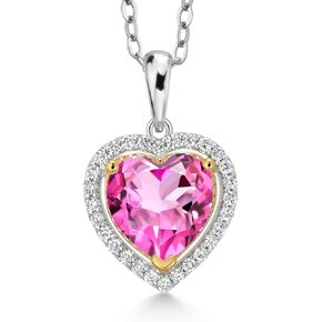 925 Sterling Silver and 10K Yellow Gold Green Nano Emerald and White Lab Grown Diamond Pendant Necklace For Women (1.00 Cttw, Heart Shape 8MM Gemstone May Birthstone, with 18 Inch Chain) in Saudi Arabia