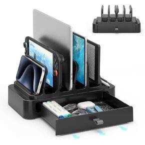 KDD Vertical Laptop Stand with Drawer - 7-in-1 Space-Saving Laptop Holder with Gravity Locking Fits MacBook, Dell, HP, Chromebook, Surface Pro, Tablet, Cell Phone, Switch, Keyboard Desktop Organizer