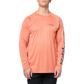 Columbia Men's Terminal Tackle Heather Long Sleeve Shirt, Salmon Heather/Cool Grey Logo, Small in Saudi Arabia