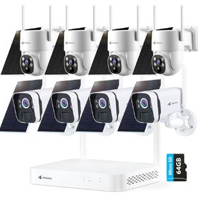 Kittyhok Home Solar Security Camera System Ourdoor | 4pcs 2K Bullet Solar Camera, 4pcs PT Solar Security Camera, Smart Human Detection, Spotlight, Forever Power, 10CH NVR, 64GB Local Storage