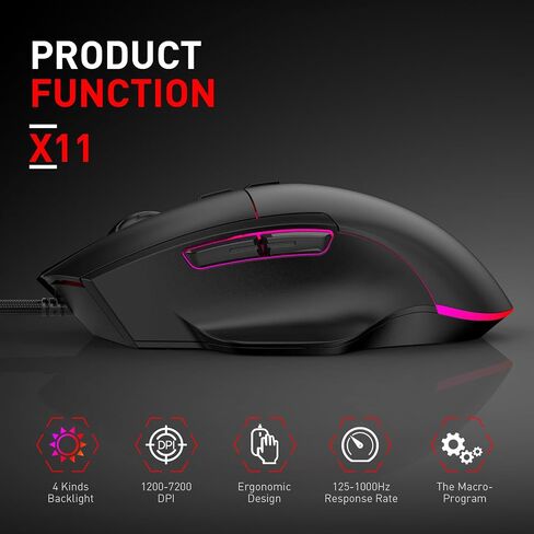 x11 RGB Gaming Mouse, Programmable, Ergonomic Design,7200 DPI,4 Radiant Backlit Modes, High-Precision Control, USB Gaming Mouse for Computer Laptop PC for Windows, Mac, Linux OS (Black) in Saudi Arabia