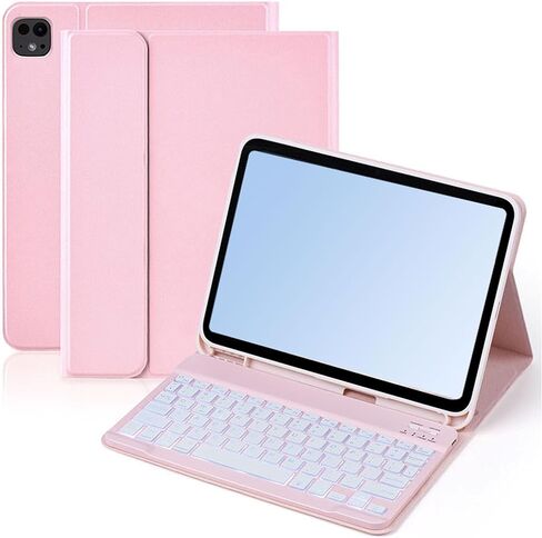 Gugxiom Protective Case with Keyboard for Pro 11 M4 2024, 7 Colors Backlit Wireless Magnetic Detachable Keyboard with Pencil Holder (Rosy) in Kuwait