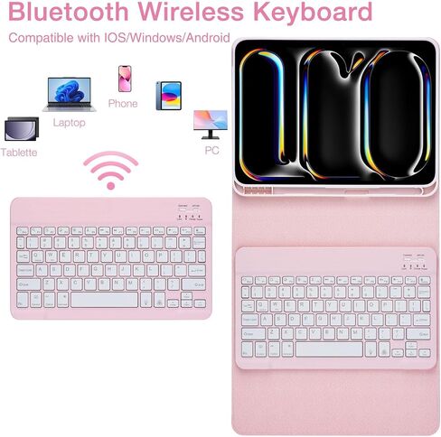 Gugxiom Protective Case with Keyboard for Pro 11 M4 2024, 7 Colors Backlit Wireless Magnetic Detachable Keyboard with Pencil Holder (Rosy) in Kuwait