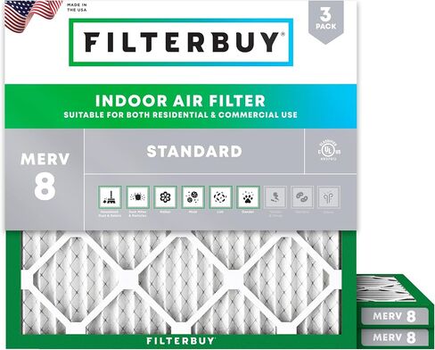 مرشح الهواء Filterbuy 20x25x1 MERV 8 Dust Defense (3 عبوات)، استبدال مرشحات هواء فرن HVAC AC المطوية (الحجم الفعلي: 19.50 × 24.50 × 0.75 بوصة) in Kuwait
