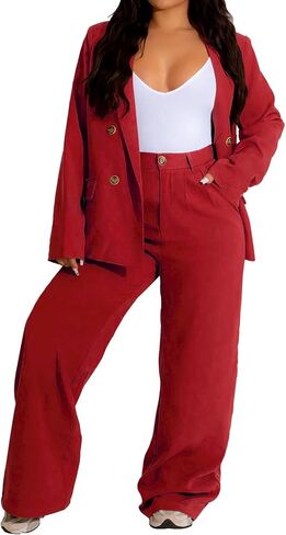 طقم بدلة عمل مكون من قطعتين للنساء وسترة بليزر وسراويل عمل واسعة الساق مع جيب - أسود - XXL in Kuwait