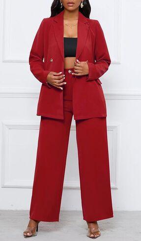 طقم بدلة عمل مكون من قطعتين للنساء وسترة بليزر وسراويل عمل واسعة الساق مع جيب - أسود - XXL in Kuwait