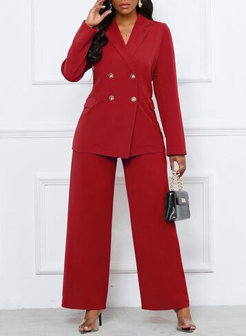 طقم بدلة عمل مكون من قطعتين للنساء وسترة بليزر وسراويل عمل واسعة الساق مع جيب - أسود - XXL in Kuwait