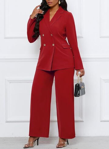 طقم بدلة عمل مكون من قطعتين للنساء وسترة بليزر وسراويل عمل واسعة الساق مع جيب - أسود - XXL in Kuwait