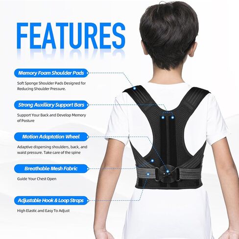 Lexniush Posture Corrector for Kids Teenagers, Updated Adjustable Upper Back Posture Brace for Boys/Girls, Breathable Back Support Braces for Scoliosis, Hunchback, Pain Relief, Spine Corrector, M in Kuwait