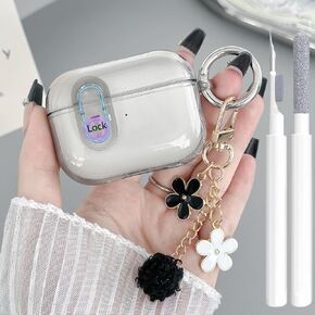 Cute Magsafe Case for Airpods Pro 2 Cover Lock Clip for Girl Women with Pom pom Flower Charms& Cleaner Kit, Soft TPU Airpods iPod Pro 2nd Gen Protective Cover Skin for Airpod Pro 2023/2022/2019 Pink