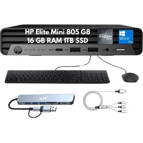 HP Elite Mini 805 G8 Mini Desktop 2025, AMD Ryzen 5 PRO 5650G (6-Core), 32GB RAM, 1TB SSD, 4K Display Support, Quiet Operation, Docking Station, Ethernet, Keyboard & Mouse, Windows 11 Pro