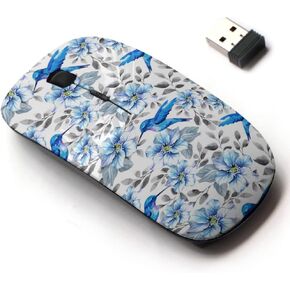 2.4G Wireless Mouse with Cute Pattern Design for All Laptops and Desktops with Nano Receiver - Flower Blue Flowers Hummingbirds