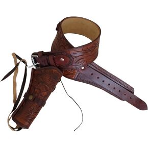 .22 Cal Western Leather Gun Holster with Belt – Hand Tooled – Fits 3.5" to 9" Revolver Barrels – Right Hand Draw – Cowboy Fast Draw Holster Rig