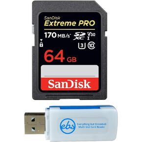 SanDisk 64GB SDXC Extreme Pro Memory Card Bundle Works with Fujifilm X-T3, X-T20, X-T2, X-H1 Mirrorless Camera 4K V30 (SDSDXXY-064G-GN4IN) Plus (1) Everything But Stromboli (TM) Combo Card Reader