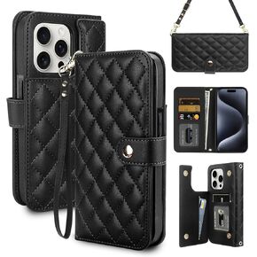 Vofolen for iPhone 15 Pro Max Case with Card Holder Crossbody Wrist Strap Leather Case with Magnetic Clasp Kickstand Heavy Duty Protective Wallet Phone Case for iPhone 15 Pro Max for Women, Black