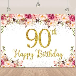 Happy 90th Birthday Banner for Women Pink 90th Birthday Decorations for Party Floral Rose Gold Photography Background Banner 5.9X3.9Ft（72x48inch）