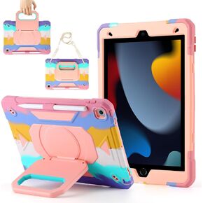 Case for iPad 9th Generation (2021) /iPad 8th Gen (2020)/iPad 7th Gen (2019), Military Grade Shockproof iPad Case Built-in 360°Rotating Stand/Pen Slot/Shoulder Strap, for iPad 10.2 (Rainbow Pink)