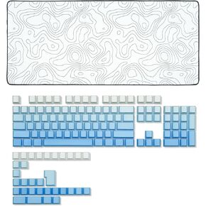 dagaladoo Shine Through Key Cap Set, Double Shot PBT Key Cap,Gradient Blue Keycaps, Cherry Profile Custom Key Cap Bundle with Topographic map XXL White Mouse pad Rubber mat