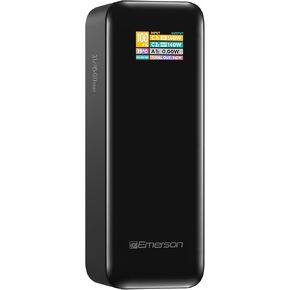 Emerson PB2712B Power Bank ، Small and Travel Ready ، 27000 مللي أمبير مع PD 140W و USB-C و USB-A مع شاشة LCD رقمية ذكية ، أسود