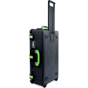Black Pelican 1615 case with lime green handles and latches. No Foam. With Wheels.