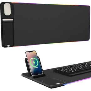 Birthday Gifts for Men Women,Wireless Phone Charger with Mouse Pad,RGB Gaming Mouse Pad with Phone Holder, 15W Fast Wireless Charging Desk Mat with Ultra-Smooth Surface for MacBook PC Laptop Computer
