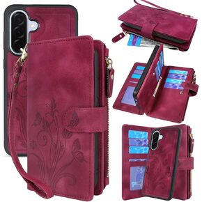 Lacass Case Wallet for Samsung Galaxy A36 A56 5G, [12 Card Slots] ID Credit Cash Holder Zipper Pocket Detachable Leather Wallet Cover with Wrist Strap Lanyard（Floral Blue Green）