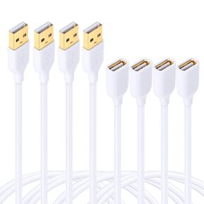 كابلات امتداد USB بيضاء 4-pack 6ft-USB 2.0 اكتب ذكرًا إلى كابل تمديد أنثى للوحة المفاتيح والماوس والطابعة