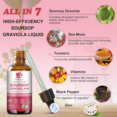 (2 Pack) Soursop Graviola Leaf Extract Liquid Drop w/Sea Moss for Cell Support & Regeneration, Immunity, Liver, Zzz & AntioxidantSoursop Bitters Liquid, Strawberry Flavor, 1 Fl Oz in Kuwait