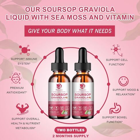 (2 Pack) Soursop Graviola Leaf Extract Liquid Drop w/Sea Moss for Cell Support & Regeneration, Immunity, Liver, Zzz & AntioxidantSoursop Bitters Liquid, Strawberry Flavor, 1 Fl Oz in Kuwait