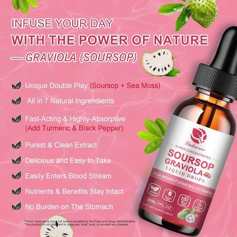 (2 Pack) Soursop Graviola Leaf Extract Liquid Drop w/Sea Moss for Cell Support & Regeneration, Immunity, Liver, Zzz & AntioxidantSoursop Bitters Liquid, Strawberry Flavor, 1 Fl Oz in Kuwait