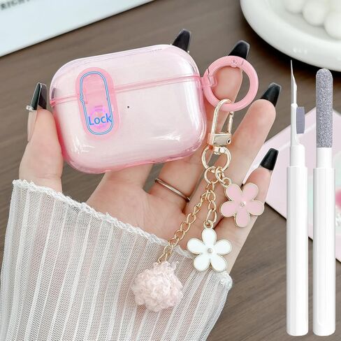 Cute Magsafe Case for Airpods Pro 2 Cover Lock Clip for Girl Women with Pom pom Flower Charms& Cleaner Kit, Soft TPU Airpods iPod Pro 2nd Gen Protective Cover Skin for Airpod Pro 2023/2022/2019 Pink in Saudi Arabia