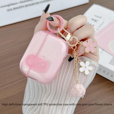Cute Magsafe Case for Airpods Pro 2 Cover Lock Clip for Girl Women with Pom pom Flower Charms& Cleaner Kit, Soft TPU Airpods iPod Pro 2nd Gen Protective Cover Skin for Airpod Pro 2023/2022/2019 Pink in Saudi Arabia