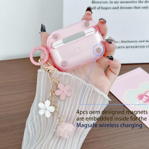 Cute Magsafe Case for Airpods Pro 2 Cover Lock Clip for Girl Women with Pom pom Flower Charms& Cleaner Kit, Soft TPU Airpods iPod Pro 2nd Gen Protective Cover Skin for Airpod Pro 2023/2022/2019 Pink in Saudi Arabia
