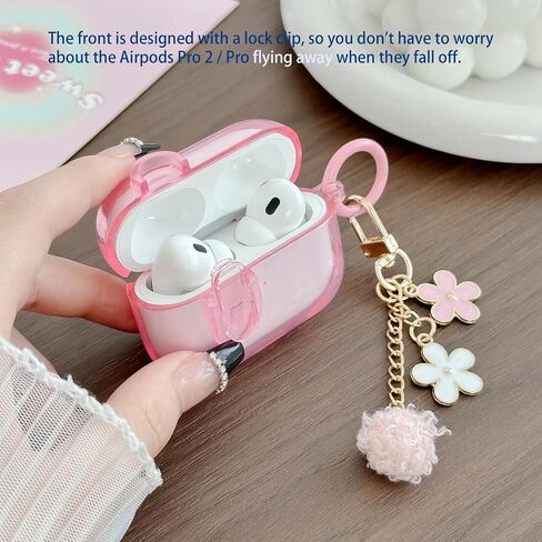 Cute Magsafe Case for Airpods Pro 2 Cover Lock Clip for Girl Women with Pom pom Flower Charms& Cleaner Kit, Soft TPU Airpods iPod Pro 2nd Gen Protective Cover Skin for Airpod Pro 2023/2022/2019 Pink in Saudi Arabia