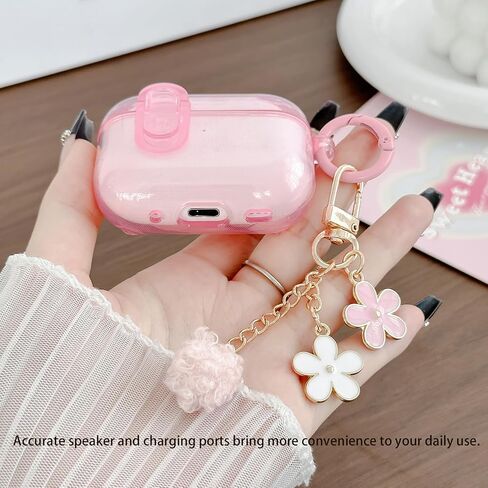 Cute Magsafe Case for Airpods Pro 2 Cover Lock Clip for Girl Women with Pom pom Flower Charms& Cleaner Kit, Soft TPU Airpods iPod Pro 2nd Gen Protective Cover Skin for Airpod Pro 2023/2022/2019 Pink in Saudi Arabia