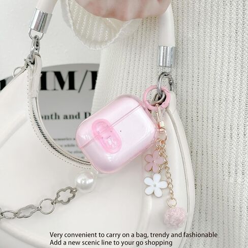 Cute Magsafe Case for Airpods Pro 2 Cover Lock Clip for Girl Women with Pom pom Flower Charms& Cleaner Kit, Soft TPU Airpods iPod Pro 2nd Gen Protective Cover Skin for Airpod Pro 2023/2022/2019 Pink in Saudi Arabia