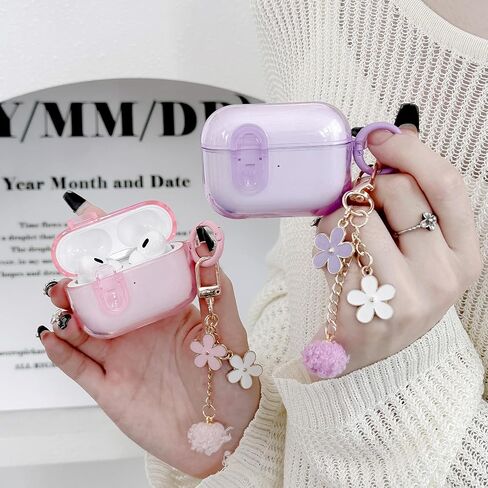 Cute Magsafe Case for Airpods Pro 2 Cover Lock Clip for Girl Women with Pom pom Flower Charms& Cleaner Kit, Soft TPU Airpods iPod Pro 2nd Gen Protective Cover Skin for Airpod Pro 2023/2022/2019 Pink in Saudi Arabia