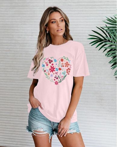 DUTUT الأزهار القلب تي شيرت المرأة الزهور البرية الجرافيك تيز بوهو الأزهار المطبوعة قمصان عادية عيد الحب قميص in Kuwait