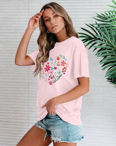 DUTUT الأزهار القلب تي شيرت المرأة الزهور البرية الجرافيك تيز بوهو الأزهار المطبوعة قمصان عادية عيد الحب قميص in Kuwait