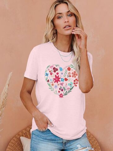 DUTUT الأزهار القلب تي شيرت المرأة الزهور البرية الجرافيك تيز بوهو الأزهار المطبوعة قمصان عادية عيد الحب قميص in Kuwait
