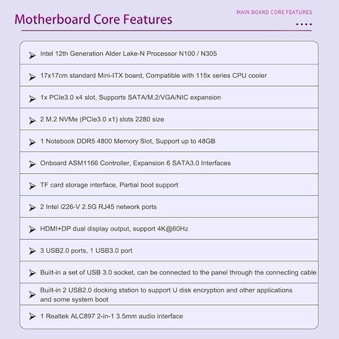 12th Gen i3-N305 N100 NAS Motherboard 6-Bay Soft Router (6 *SATA3.0 Ports /DDR5 4800MHz/ 2*M.2 NVMe/Dual I226-V 2.5G) Firewall ITX Mainboard(N305+Joe Fan) in Saudi Arabia