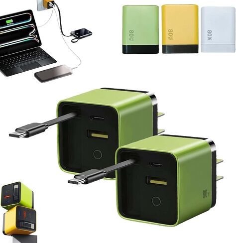 3 in 1 GaN Charger, Scalable 80w Max Fast Charger Module with Type C Cable and 2 USB Ports,Torbe 80 Watt All in One Retractable Phone Wall Plug for Phone and Laptops (Green * 2) in Saudi Arabia