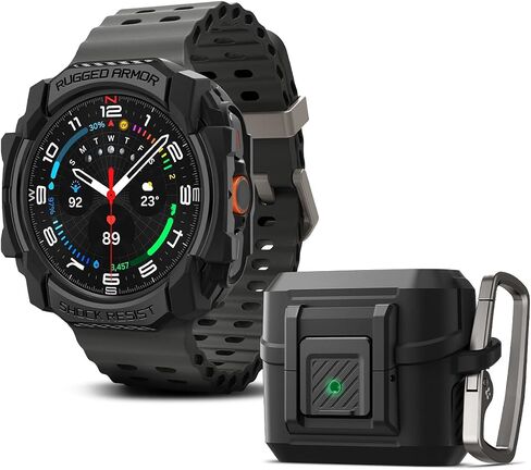 علبة قفل Spigen (أسود غير لامع) مصممة لـ Samsung Galaxy Buds3 Pro و Rugged Armor مع غطاء TPU متين (أسود غير لامع) مصمم لـ Samsung Galaxy Watch Ultra 47mm in Kuwait