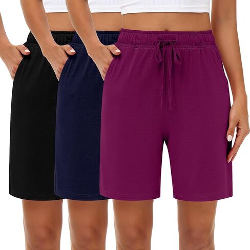 Neer 3 Pack Women's Bermuda Shorts, Jogger Yoga Sweat Walking Short Running Knee Length Sport Drawstring Shorts with Pockets (Black, Army Green, Light Khaki,Large) in Saudi Arabia