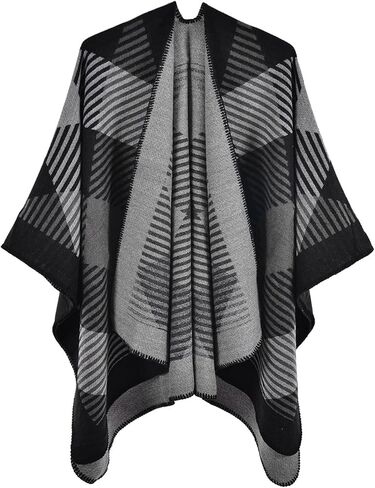 PAMEILA Women's Travel Plaid Shawl Wraps Open Front Poncho Cape Warm Oversized Sweaters Casual Cardigan Shawls for Fall Winter,Series 03-Geometry Black in Saudi Arabia