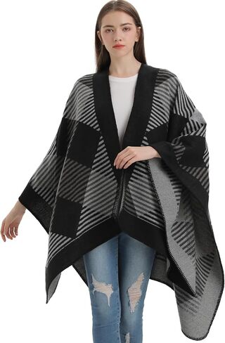 PAMEILA Women's Travel Plaid Shawl Wraps Open Front Poncho Cape Warm Oversized Sweaters Casual Cardigan Shawls for Fall Winter,Series 03-Geometry Black in Saudi Arabia