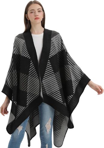 PAMEILA Women's Travel Plaid Shawl Wraps Open Front Poncho Cape Warm Oversized Sweaters Casual Cardigan Shawls for Fall Winter,Series 03-Geometry Black in Saudi Arabia