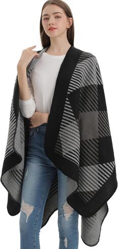 PAMEILA Women's Travel Plaid Shawl Wraps Open Front Poncho Cape Warm Oversized Sweaters Casual Cardigan Shawls for Fall Winter,Series 03-Geometry Black in Saudi Arabia