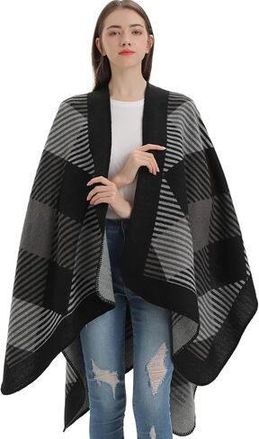 PAMEILA Women's Travel Plaid Shawl Wraps Open Front Poncho Cape Warm Oversized Sweaters Casual Cardigan Shawls for Fall Winter,Series 03-Geometry Black in Saudi Arabia
