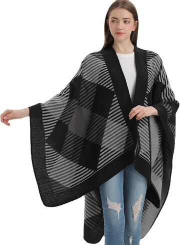 PAMEILA Women's Travel Plaid Shawl Wraps Open Front Poncho Cape Warm Oversized Sweaters Casual Cardigan Shawls for Fall Winter,Series 03-Geometry Black in Saudi Arabia
